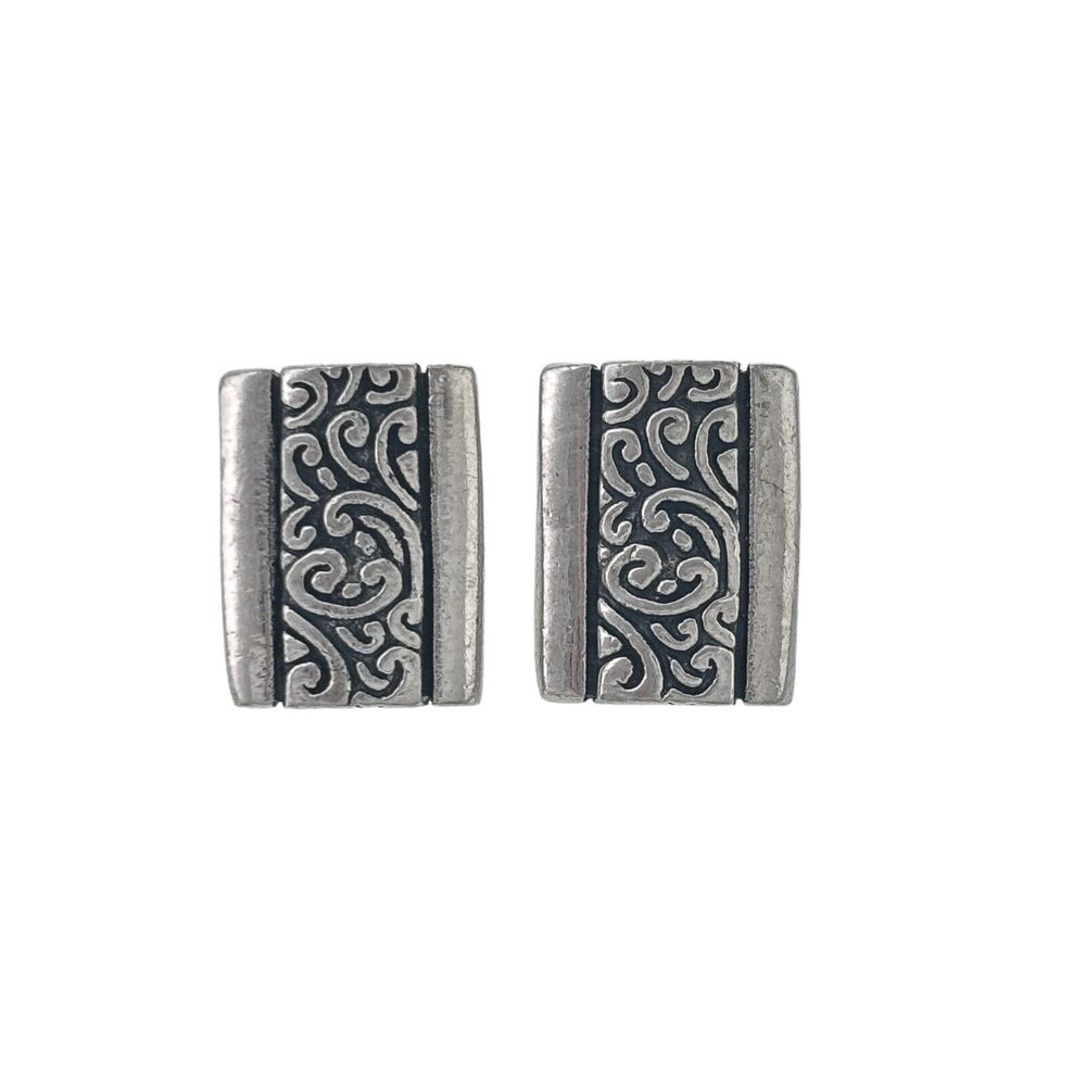 Vintage Sterling Silver 925 Rectangle Oxidized Scroll Design Earrings